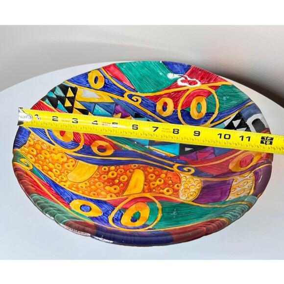 VTG Postmodern Gustav Klimt Inspired Hand Painted Art Glass Abstract Bowl - Picture 7 of 7